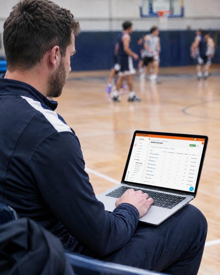 Basketball coach courtside reviewing the team’s statistics overview in SportMember on his laptop
