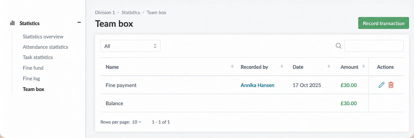 The team box in SportMember on the computer with a fine payment and the balance